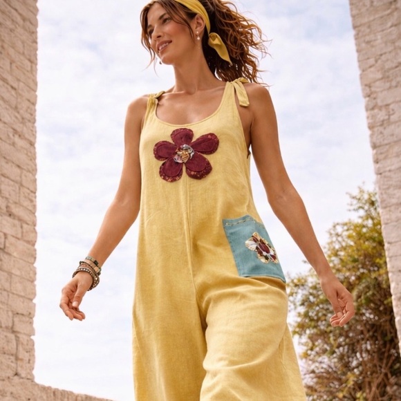 Boho Mustard Linen Jumpsuit S/M | Handmade Floral Patch Wide Leg Hippie Overall - Picture 5 of 15